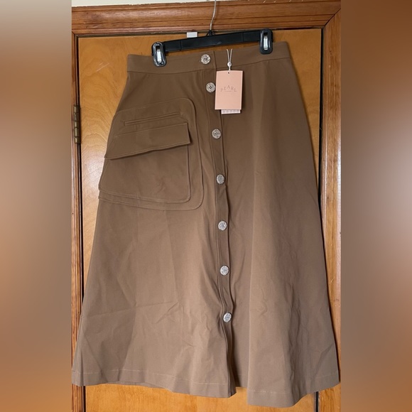 NWT Pearl by Lela Rose Stretch Cotton Button Front Skirt in Camel - Picture 10 of 15